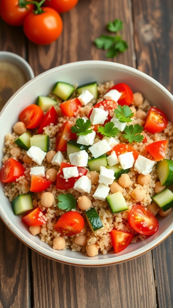 A colorful Mediterranean quinoa bowl with quinoa, tomatoes, cucumbers, chickpeas, and feta cheese on a wooden table.